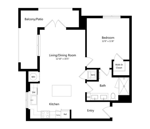 Floor plan for 1 bed, 1 bath, 738 sqft